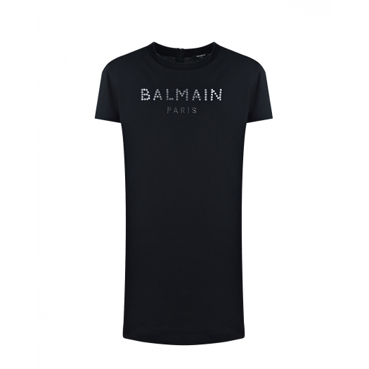 Черное платье-футболка с логотипом из страз Balmain | Фото 1