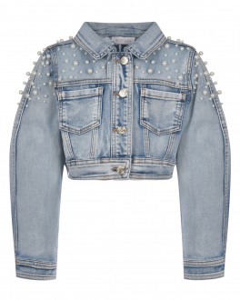 Джинсовая куртка с отделкой жемчужинами Monnalisa Голубой, арт. 79A100 1051 0057 | Фото 1