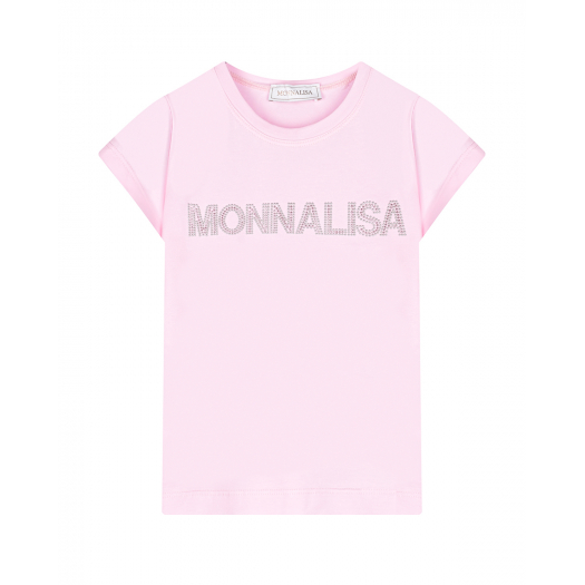Розовая футболка с лого из стразов Monnalisa | Фото 1