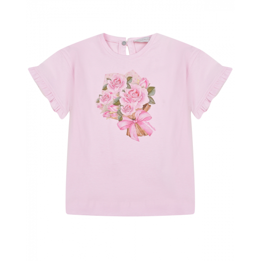 Розовая футболка с принтом &quot;букет&quot; Monnalisa | Фото 1