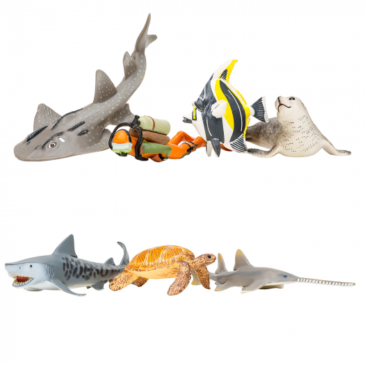 Набор фигурок &quot;Мир морских животных&quot;: Акула, морская черепаха, мавританский идол, тюлень, китовая акула, кошачья акула, дайвер Masai Mara | Фото 1