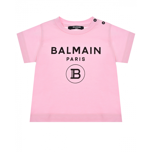 Розовая футболка с черным логотипом Balmain | Фото 1
