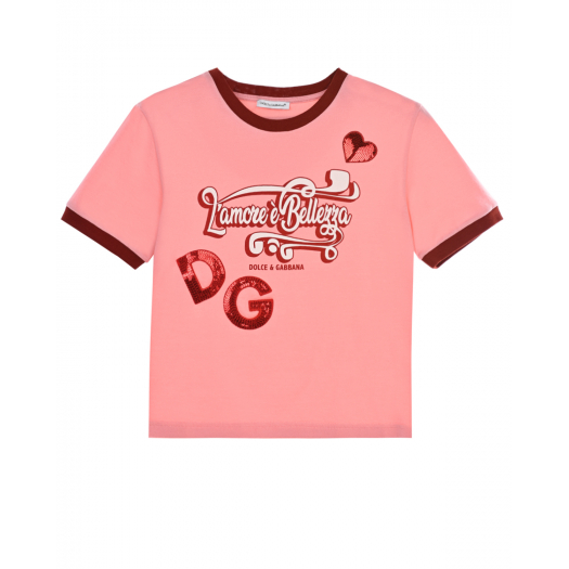 Розовая футболка с выишивкой пайетками Dolce&Gabbana | Фото 1