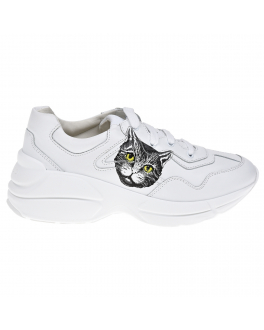 Кожаные кроссовки Rhyton с принтом &quot;Mystic Cat&quot; GUCCI Белый, арт. 629619 DRW00 9014 | Фото 2