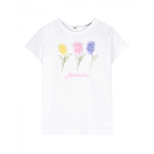 Белая футболка с принтом &quot;3 тюльпана&quot; Monnalisa | Фото 1