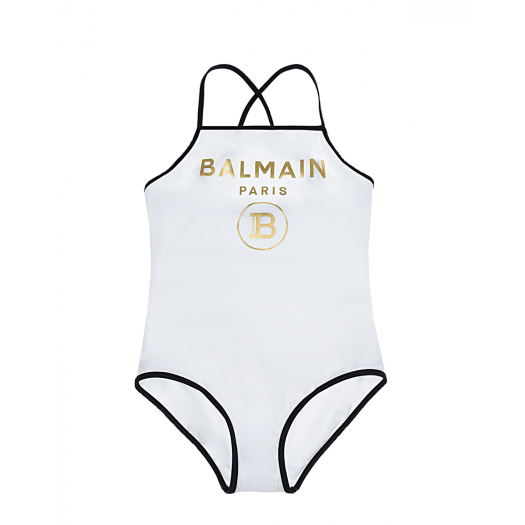 Белый купальник с золотым логотипом Balmain | Фото 1