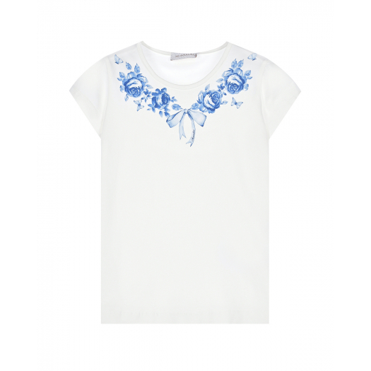 Белая футболка с синим цветочным принтом Monnalisa | Фото 1