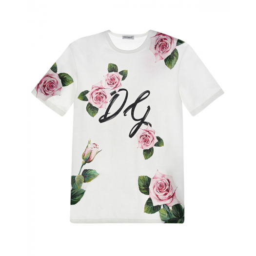 Белая футболка с принтом «Tropical rose» Dolce&Gabbana | Фото 1