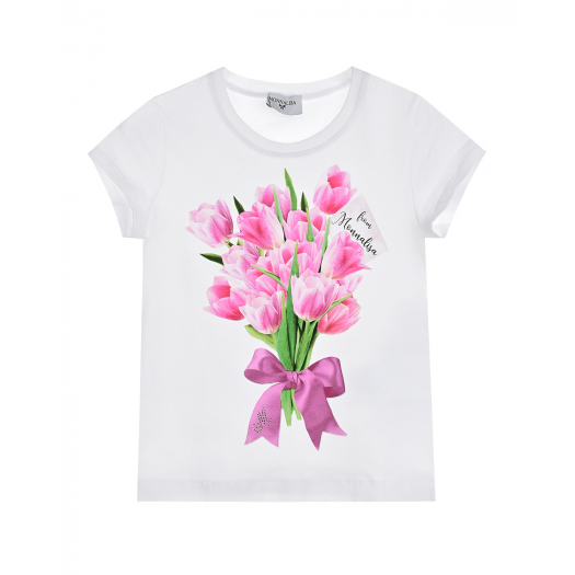 Белая футболка с принтом &quot;тюльпаны&quot; Monnalisa | Фото 1