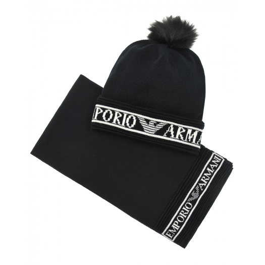 Комплект из шапки с помпоном и шарфа, черный Emporio Armani | Фото 1