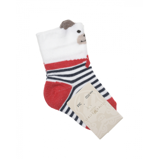 Белые носки в красную полоску с декором &quot;медвежонок&quot; Story Loris | Фото 1
