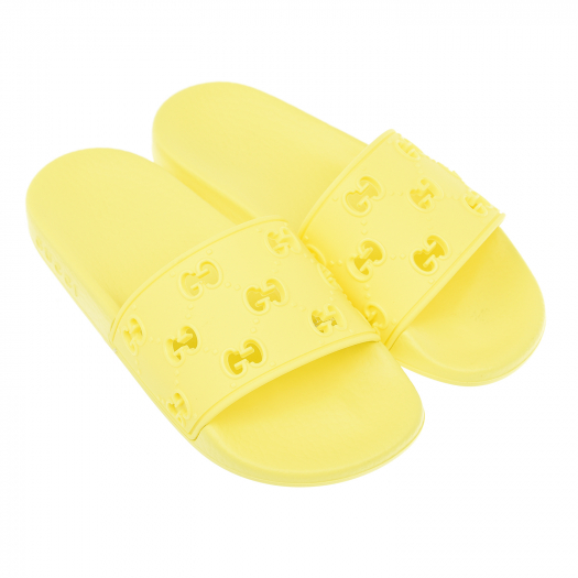 Желтые шлепанцы с перфорированным логотипом GUCCI | Фото 1