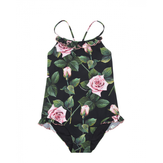 Черный купальник с принтом &quot;Tropical Rose&quot; Dolce&Gabbana | Фото 1