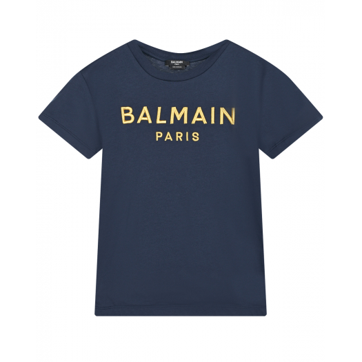 Темно-синяя футболка с золотистым лого Balmain | Фото 1