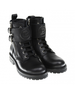 Кожаные ботинки с двойной застежкой Balmain Черный, арт. 6P0C76 Y0023930 | Фото 1
