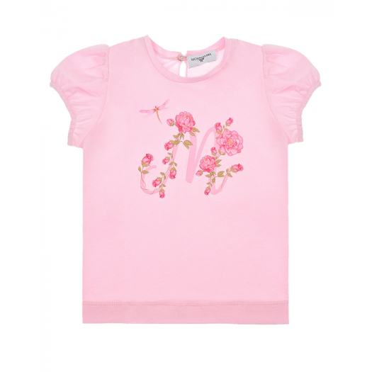 Розовая футболка с цветочным принтом Monnalisa | Фото 1