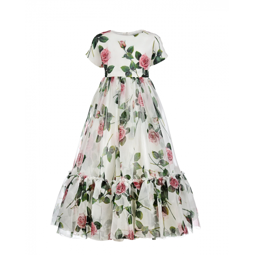 Платье из органзы с принтом &quot;Тропические розы&quot; Dolce&Gabbana | Фото 1