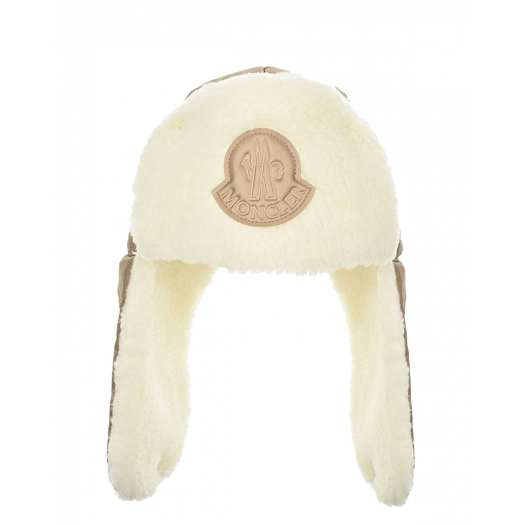 Золотистая шапка-ушанка с логотипом на отвороте Moncler | Фото 1