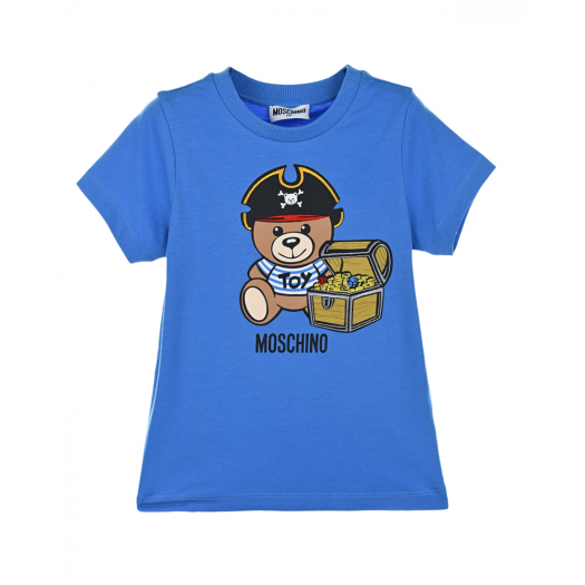 Голубая футболка с аппликацией &quot;Мишка пират&quot; Moschino | Фото 1