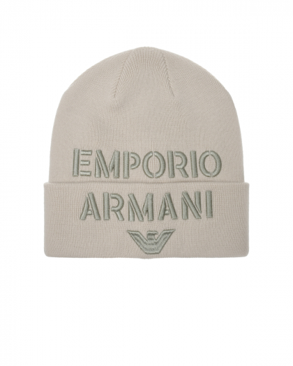 Бежевая шапка с вышитым лого Emporio Armani | Фото 1