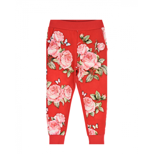 Красные спортивные брюки с принтом &quot;розы&quot; Monnalisa | Фото 1