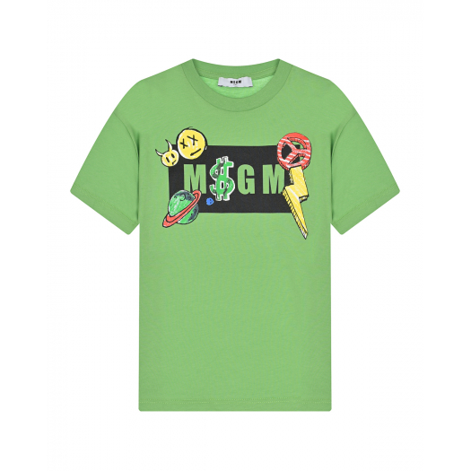 Зеленая футболка с лого и смайлом MSGM | Фото 1
