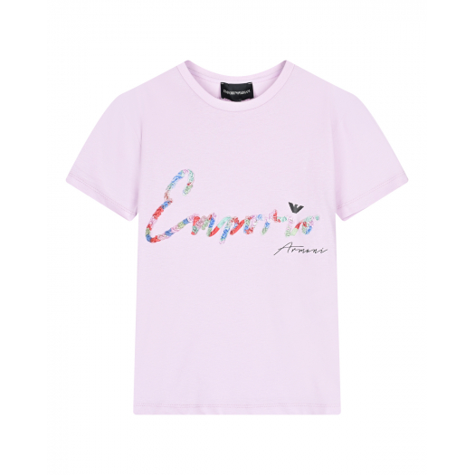 Сиреневая футболка с цветной надписью Emporio Armani | Фото 1
