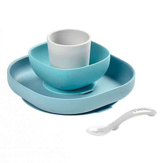 Набор посуды 4 предмета (2 тарелки, стакан, ложка), голубой BEABA | Фото 1