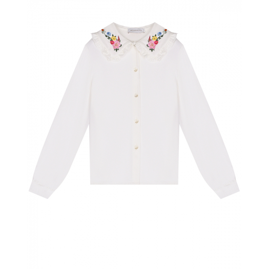 Белая блуза с цветочной вышивкой на воротнике Monnalisa | Фото 1