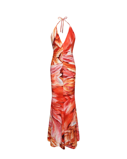 Платье с принтом &quot;перья&quot;, красное Roberto Cavalli | Фото 1