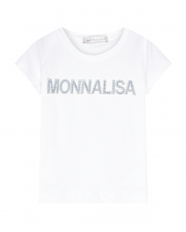 Белая футболка с лого из стразов Monnalisa Белый, арт. 17A601 1201 9952 | Фото 1