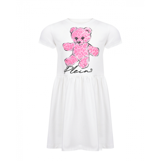 Белое платье с принтом &quot;розовый медвежонок&quot; Philipp Plein | Фото 1