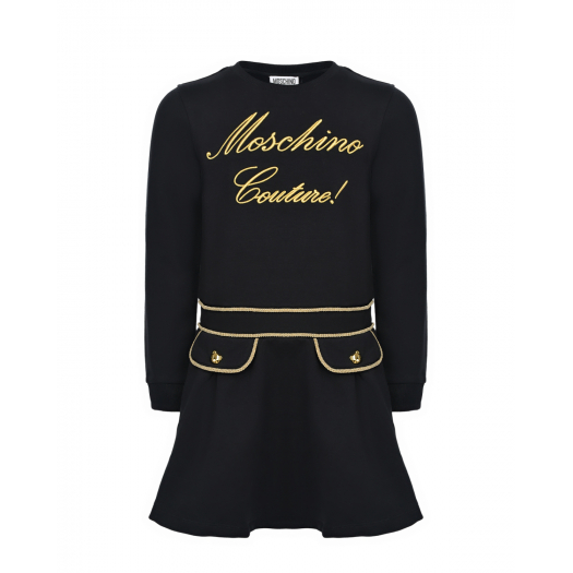 Черное платье с золотым лого Moschino | Фото 1