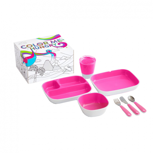 Набор посуды Splash 7 предметов (3 миски, стаканчик, столовые приборы), розовый MUNCHKIN | Фото 1