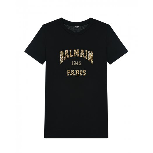 Черная футболка с золотистым лого из страз Balmain | Фото 1