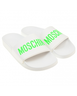 Белые шлепки с салатовым логотипом Moschino Белый, арт. 70262 VAR.3 | Фото 1