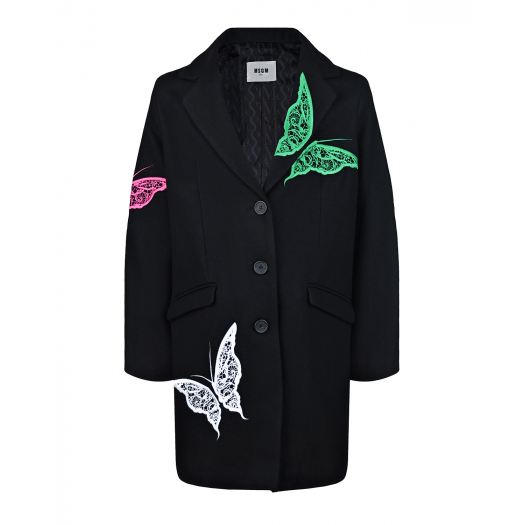 Черное пальто с аппликациями &quot;бабочки&quot; MSGM | Фото 1