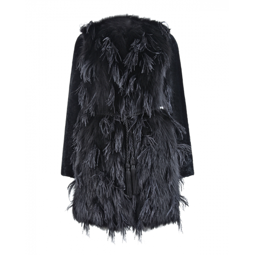 Черное меховое пальто с перьями Blancha | Фото 1