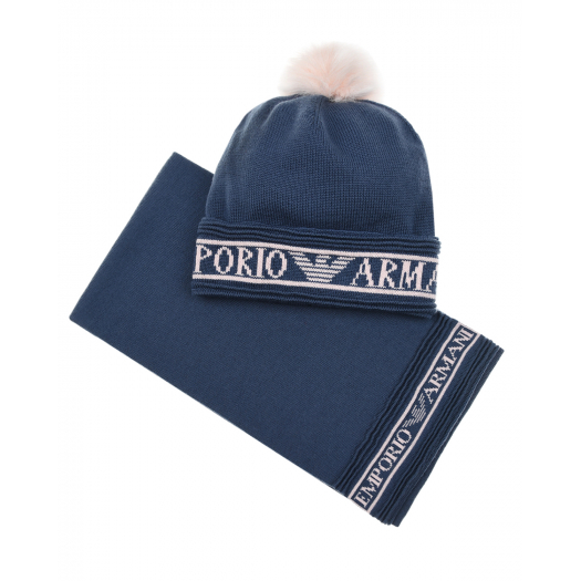 Комплект из шапки с помпоном и шарфа, синий Emporio Armani | Фото 1