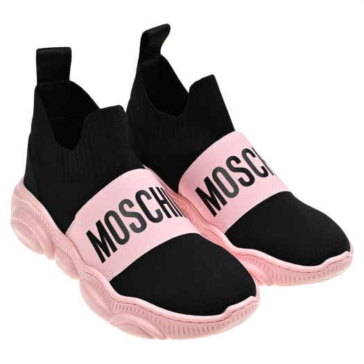 Кроссовки-носки с розовым логотипом, черные Moschino | Фото 1