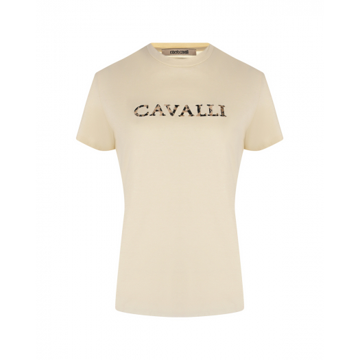 Бежевая футболка с лого Roberto Cavalli | Фото 1