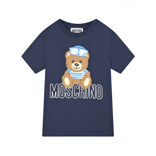 Темно-синяя футболка с принтом &quot;медвежонок-морячок&quot; Moschino | Фото 1