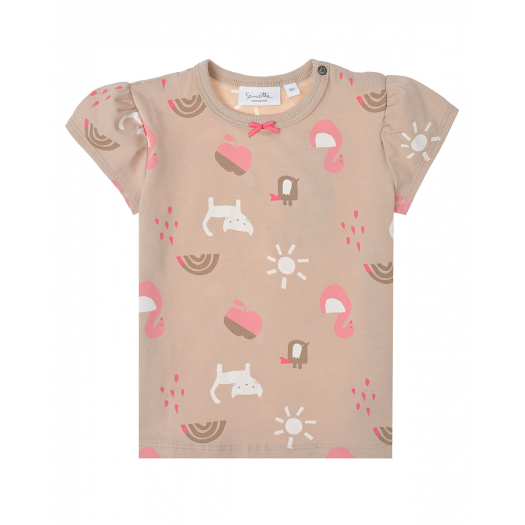 Бежевая футболка с принтом &quot;коты и лебеди&quot; Sanetta Kidswear | Фото 1