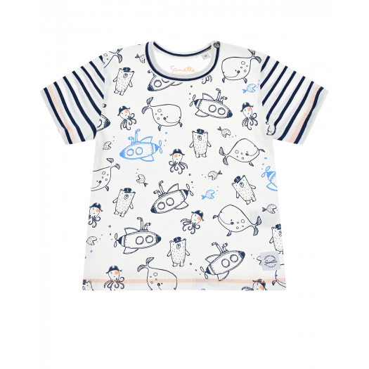 Белая футболка с принтом &quot;Подводные лодки, рыбы и осьминоги&quot; Sanetta Kidswear | Фото 1