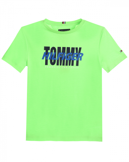 Зеленая футболка с синим логотипом Tommy Hilfiger | Фото 1