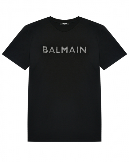 Футболка с лого из стразов, черная Balmain | Фото 1