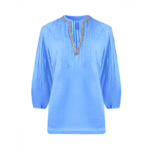 Голубая льняная блуза с V-образным вырезом 120% Lino | Фото 1