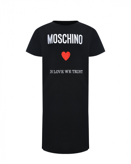 Платье-футболка с принтом &quot;In love we trust&quot;, черное Moschino | Фото 1