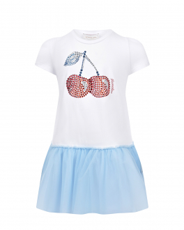 Бело-голубое платье с вишнями из стразов Monnalisa Мультиколор, арт. 11A902 1201 9952 | Фото 1