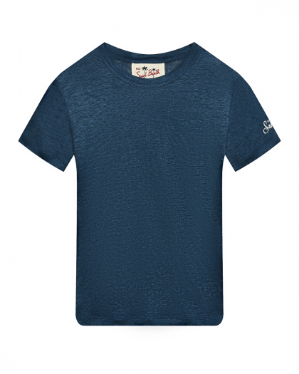 Льняная футболка с накладным карманом, синяя Saint Barth | Фото 1